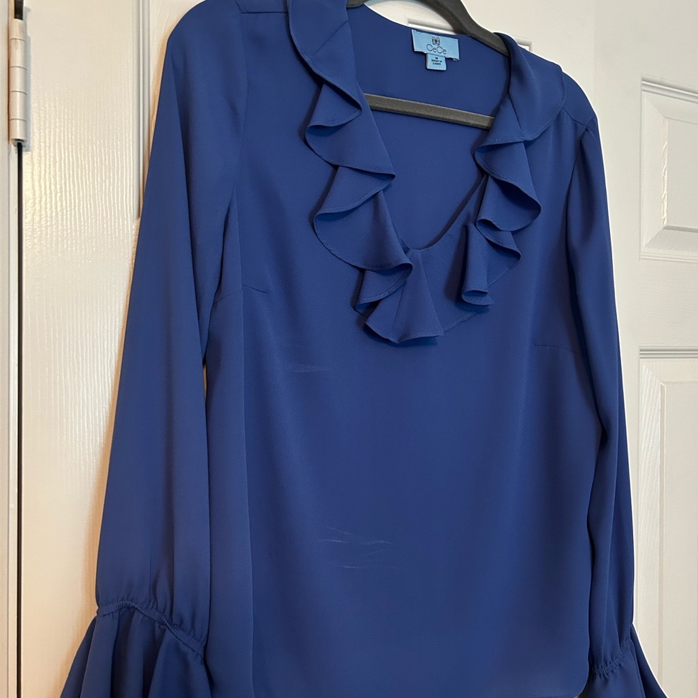 CeCe Royal Blue Ruffle V-Neck Blouse